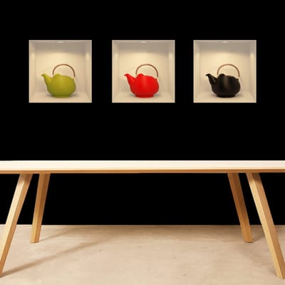 Sticker met 3D-effect van een moderne theepot, 30 x 90 cm