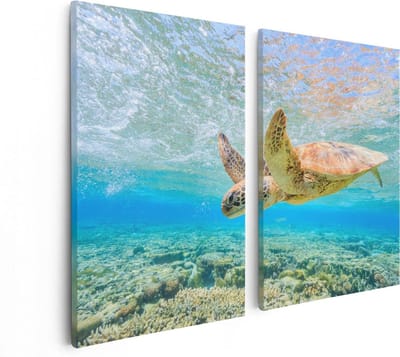 Artaza Canvas Schilderij Tweeluik Schildpad Zwemt in de Zee bij het Rif - 80x60 - Foto Op Canvas - Canvas Print