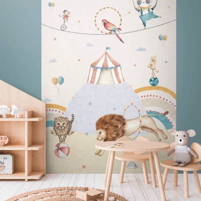 Fotobehang Profhome 770721-GU vliesbehang glad met kinder patroon mat grijs rood oranje blauw 1,59 m x 2,8 m
