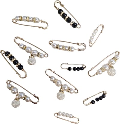 Fako Bijoux® - Sierspeld / Sjaalspeld Set - Witte en Zwarte Parels - Goudkleurig - Set 12 Stuks