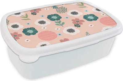 Broodtrommel Wit - Lunchbox - Brooddoos - Patronen - Bloemen - Planten - 18x12x6 cm - Volwassenen