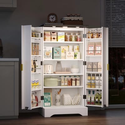 Keukenkast met LED-sensorverlichting en kruidenrek, ruime kast met dubbele deuren, verstelbare planken en modern deurontwerp - wit, 120x60x40 cm