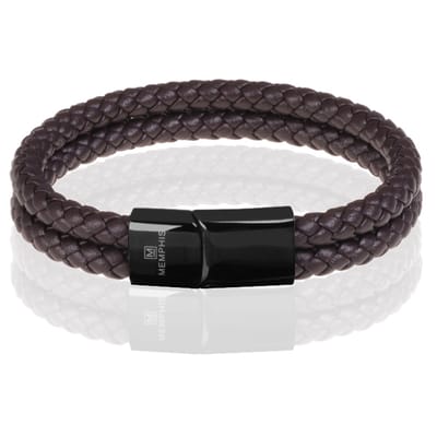 Memphis dubbele leren armband Donkerbruin Zwart-20cm