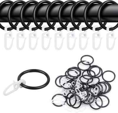 Gordijnringen met haken, 50 stuks gordijnringen met haken, binnendiameter 30 mm, gordijnringen, zwarte metalen gordijnringen met kunststof haken, voor het ophangen van gordijnen