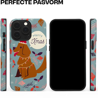 Casetastic hoesje geschikt voor Apple iPhone 13 Pro - MagSafe - Dubbellaagse bescherming - Merry Christmas Hond - Fashion Case - Zilver Bruin Saliegroen Rood