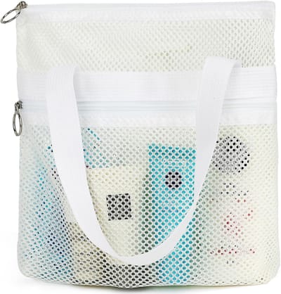 Snel drogende mesh douchetas - 10,2 x 9,9 inch - toilettas met twee vakken en rits (badkamer / sportschool / reizen) - wit