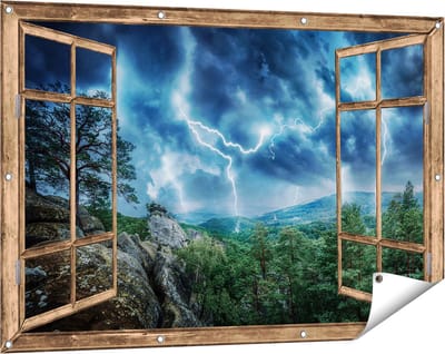 Gards Tuinposter Doorkijk Onweer in het Bos - Bliksem - 120x80 cm - Tuindoek - Tuindecoratie - Wanddecoratie buiten - Tuinschilderij