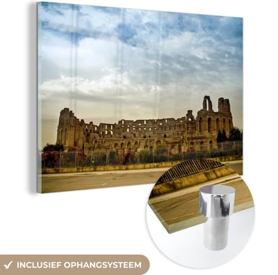 ® Glasschilderij 180x120 cm - Schilderij acrylglas - De grote amfitheater van El Djem in Tunesië - Foto op glas - Muurdecoratie woonkamer - Wanddecoratie slaapkamer - Schilderijen