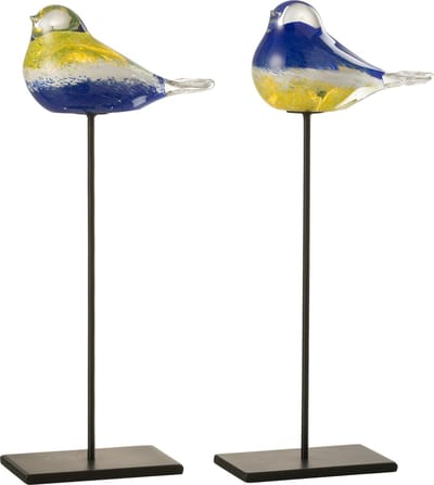 J-Line figuur Vogel Op Voet - glas/metaal - blauw/geel - large - 2 stuks
