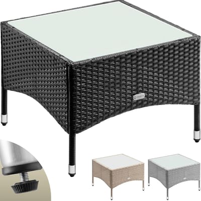 Polyrattan Bijzettafel met Glazen Tafelblad 58x58x42cm - Verstelbare Hoogte Tuin Tafel voor Buiten