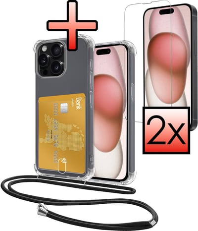 Hoes Geschikt voor Apple iPhone 15 Pro Hoesje Pasjeshouder Cover Met Koord Shock Proof Case Siliconen Hoes Met Telefoonkoord en Kaarthouder Met 2x Screenprotector - Transparant