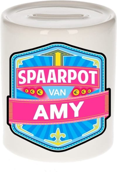 Bellatio Decorations Kinder spaarpot met naam - Amy - keramiek - met dop - wit - Sparen - Spaargeld van Amy