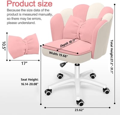 Bureaustoel Casa Velluto PetalBloom Fluweel – Pink and White Schattige Kaptafelstoel met Strikkussen, Vlinder Vanity Stoel voor Slaapkamer, Computer & Werkplek, 360° Draaibaar, Verstelbare Hoogte, Rollend en Comfortabel