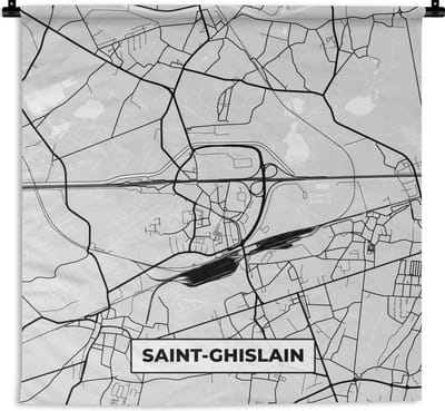 Wandkleed - Wanddoek - Zwart Wit – België – Plattegrond – Stadskaart – Kaart – Saint Ghislain - 180x180 cm - Wandtapijt