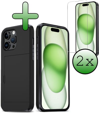 Hoes Geschikt voor iPhone 15 Pro Hoesje Hard Case Met Pas Houder Met 2x Screenprotector - Hoesje Geschikt voor iPhone 15 Pro Hoes Shockproof Hard Cover Met Kaarthouder - Zwart