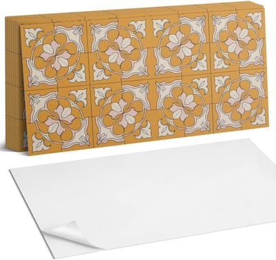 Coloray Plaktegels - Bloemenpatroon in mozaïek Zelfklevende Wandtegels - 40 cm x 20 cm - Oranje Plaktegels - 10 stuks - Rechthoek PVC Tegels - Plaktegels Badkamer - Vloertegels Zelfklevend - Vinyltegels Vloer Zelfklevend - Portugese Tegels