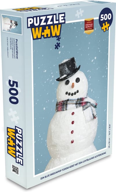 Puzzel Een blije sneeuwpop tijdens kerst met een lichtblauwe achtergrond - Legpuzzel - Puzzel 500 stukjes - Kerst - Cadeau - Kerstcadeau voor mannen, vrouwen en kinderen