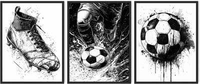 3-delige Zwart Wit Voetbal Wandkunst voor Jongensslaapkamer, Sportieve Schetsen & Sneakers Decoratie 30x40 cm Niet Ingelijst, Perfect voor Gym en Studentenhuis