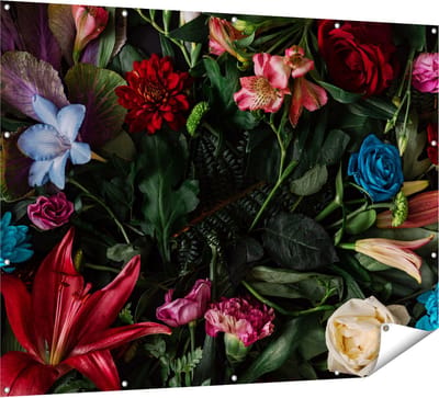 Gards Tuinposter Kleurrijke Bloemen met Groene Bladeren - 160x120 cm - Tuindoek - Tuindecoratie - Wanddecoratie buiten - Tuinschilderij