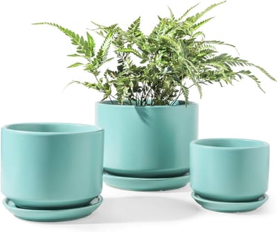 Famanu - Set van 3 keramische bloempotten met schotels aqua kleur