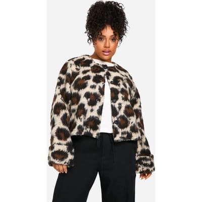 boohoo Dames Plus Luipaard Kraagloze Wollen Jas | Leopard | Maat: 18