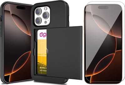 Hoesje met Pasjeshouder geschikt voor iPhone 16 Pro - Screen Protector GlassGuard - Back Cover SlideCase Zwart & Screenprotector