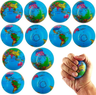 Famanu – Set van 12 mini wereldbol stressballen, zachte bal en lesmateriaal