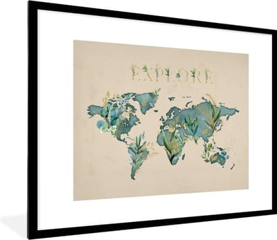 Poster in lijst - Fotolijst 80x60 cm - Posters - Wereldkaart - Planten - Turquoise - Posterlijst zwart - Decoratie - Wanddecoratie woonkamer - Muurdecoratie slaapkamer