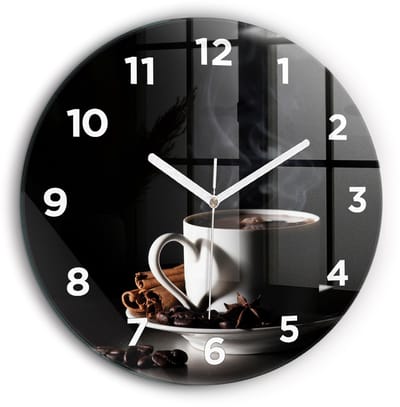 Wallfluent Wandklok - Een kopje koffie Unieke Wandklok - 60 cm x 60 cm - Zwart Wandklok - Witte Handen - Wandklok Met Cijfers - Wandklok voor in de Keuken - Ronde Glas Klok - Industrieel Wandklok - Unieke Wandklok