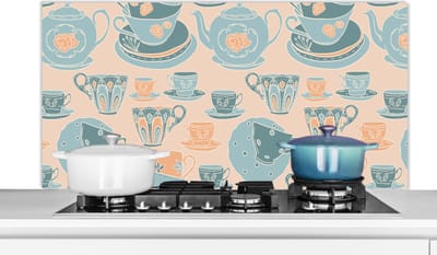 Spatscherm keuken 120x60 cm - Kookplaat achterwand Patronen - Vintage - Kopje - Thee - Muurbeschermer - Spatwand fornuis - Hoogwaardig aluminium