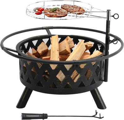 M-Goods - Vuurschaal met BBQ Rooster – Vuurkorf met Vonkenscherm – 3-in-1 Vuurschaal BBQ – Tuinhaard Buiten – Ø75 cm – Zwart