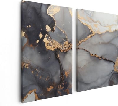Artaza Canvas Schilderij Tweeluik Abstracte Kunst - Grijze Marmer met Goud - 80x60 cm - Wanddecoratie Woonkamer - Schilderijen - Muurdecoratie