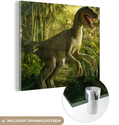 MuchoWow® Glasschilderij 90x90 cm - Schilderij acrylglas - Dinosaurus - Planten - Groen - Illustratie - Kinderen - Jongens - Foto op glas - Schilderijen