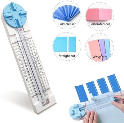 4-in-1 papiersnijder - 360° draaibare papiersnijder - Uitgerust met opzetstukken voor recht, gestippeld, golvend en vouwen - Geschikt voor scrapbooks, foto's, kaarten en doe-het-zelfprojecten - Blauw