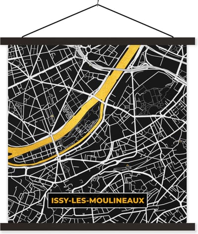 Posterhanger incl. Poster 60x60 cm - Schoolplaat - Plattegrond – Issy-les-Moulineaux – Stadskaart – Kaart – Frankrijk - Textielposter - Zwarte latten - Stadskaart