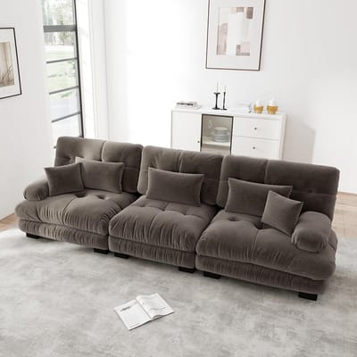 Komhtom Modulaire hoekbank met 3 zitplaatsen en diepe zitting, comfortabele en goed gevulde slaapbank van chenille voor de woonkamer, appartement, studio of kantoor, bruine chenille