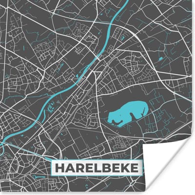 Poster Plattegrond – Harelbeke – Blauw – Stadskaart - Kaart - 100x100 cm XXL