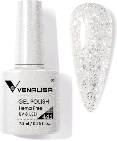Venalisa UV Gellak Wit Glitter - 7.5 ml - Witte Gellak - Gellak Glitter - Gellac Wit - Glitter Gellak - Gellak Kleuren - Venalisa Gellak - Gellak Nagellak