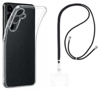 Set met hoesje en nekband voor Samsung Galaxy s26 plus - Flexibele, transparante TPU-bescherming, verstelbare universele nekband voor mobiele telefoons, zwarte nekband, transparante draagriem van Phonillico®