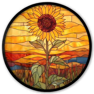 Poster in lijst Rond - Fotolijst 40x40 cm - Posters - Zonnebloem - Mozaïek - Zonsondergang - Geel - Ronde posterlijst zwart - Decoratie - Wanddecoratie woonkamer - Muurdecoratie slaapkamer