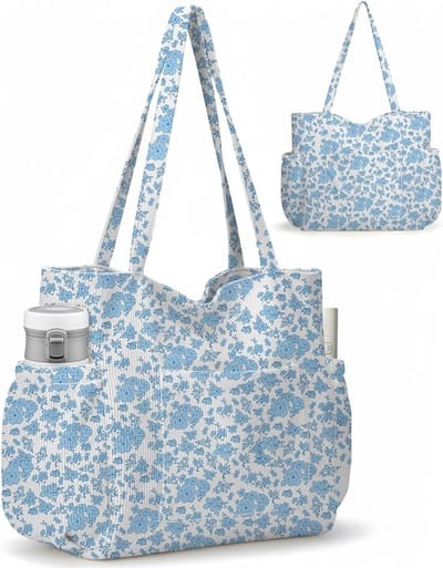 Grote Strandtas Dames XL - 38.5 x 36 cm - Corduroy Tote Bag - Vintage Blauwe Bloemen - Shopper met Zijvakken & Rits - Grote Capaciteit voor Handdoek & Zonnebrand - Voor Vakantie & Strand