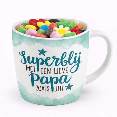 Mok - Koffie - Cadeau - Traktatie - Papa - De Liefste Papa Van De Wereld - Verjaardag - Keramiek - Snoep - lint: Speciaal voor jou"