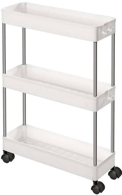 Opbergwagen keukentrolley met wielen smalle opbergtrolley 42×13,5×61cm wit met 3 opbergmanden, zwenkwielen en 3 haken waterbestendig materiaal meerlaagse opbergruimte eenvoudig te monteren geschikt voor keuken, badkamer en kleine ruimtes