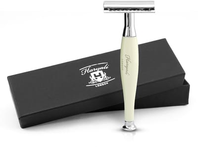 Haryali London Double Edge Safety Razor voor mannen en vrouwen - Elegant scheermes met dubbele rand - Lange steel - Herbruikbaar scheermes - Ivoor - Scheermes met één mes
