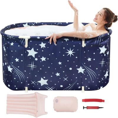 Opvouwbare badkuip voor volwassenen, badkuip voor douche, inklapbare badkuip, mobiele badkuip draagbaar met opblaaskussen, ideaal voor thuis spa, 115 x 63 x 50 cm
