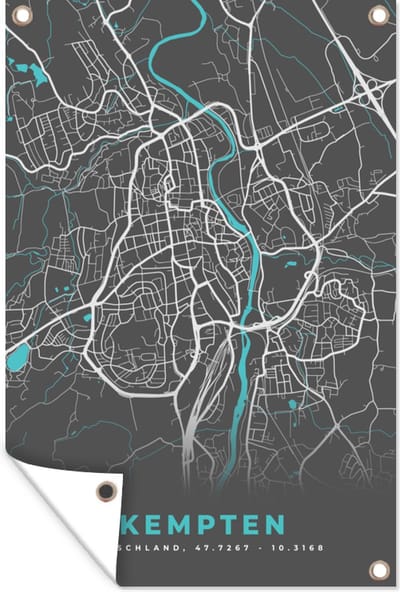 Muurdecoratie Kempten – Stadskaart – Blauw – Plattegrond – Stadskaart – Kaart - Duitsland - 120x180 cm - Tuinposter - Tuindoek
