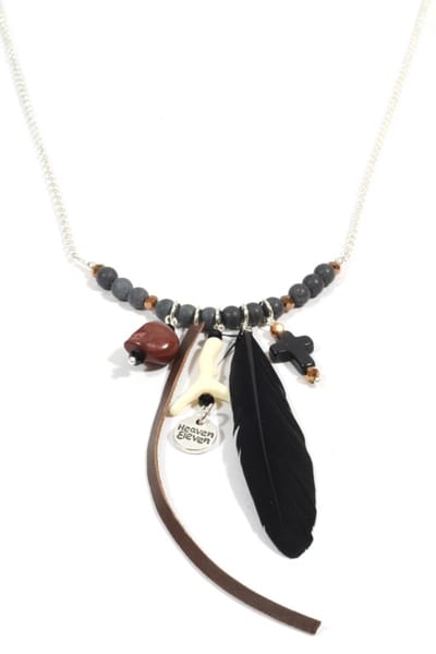 Heaven Eleven dames Ketting zilver plating - onyx matte - zwart veer - kruisje