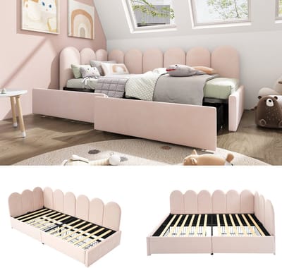Gestoffeerd dagbed met 2 opberglades - Tiener-, kinder- en logeerkamer 90x200 cm - Roze - L-vormig omkeerbaar - Inclusief lattenbodem - Huidvriendelijk fluweel