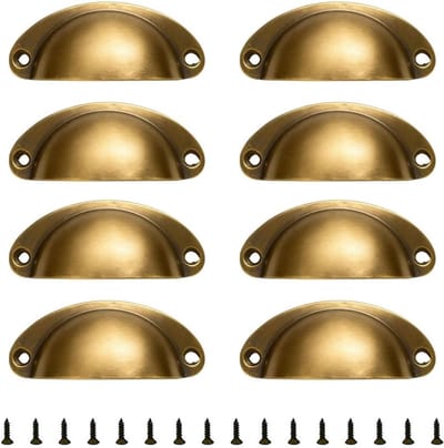 Retro Schelp Handgrepen Set van 8, Vintage Ladehandvatten voor Meubels en Keukenkasten, Inclusief Schroeven en Knoppen in Bronzen Afwerking