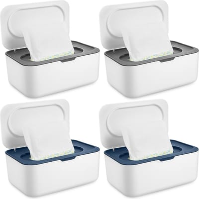 Doekjesdispenser Set - Babydoekjes Houder - Baby Verzorging - Afsluitbaar Ontwerp - 4 Stuks - Blauw Grijs